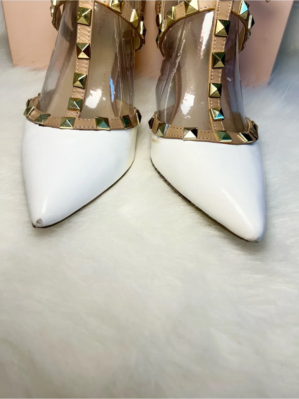 BCBGeneration Darron White Pointed Heel with Tan Studded Strappy heel
